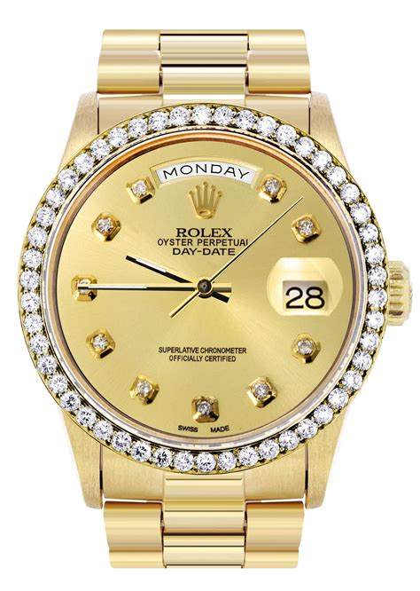 yellow gold presidential rolex diamond bezel|18k gold rolex with diamonds.